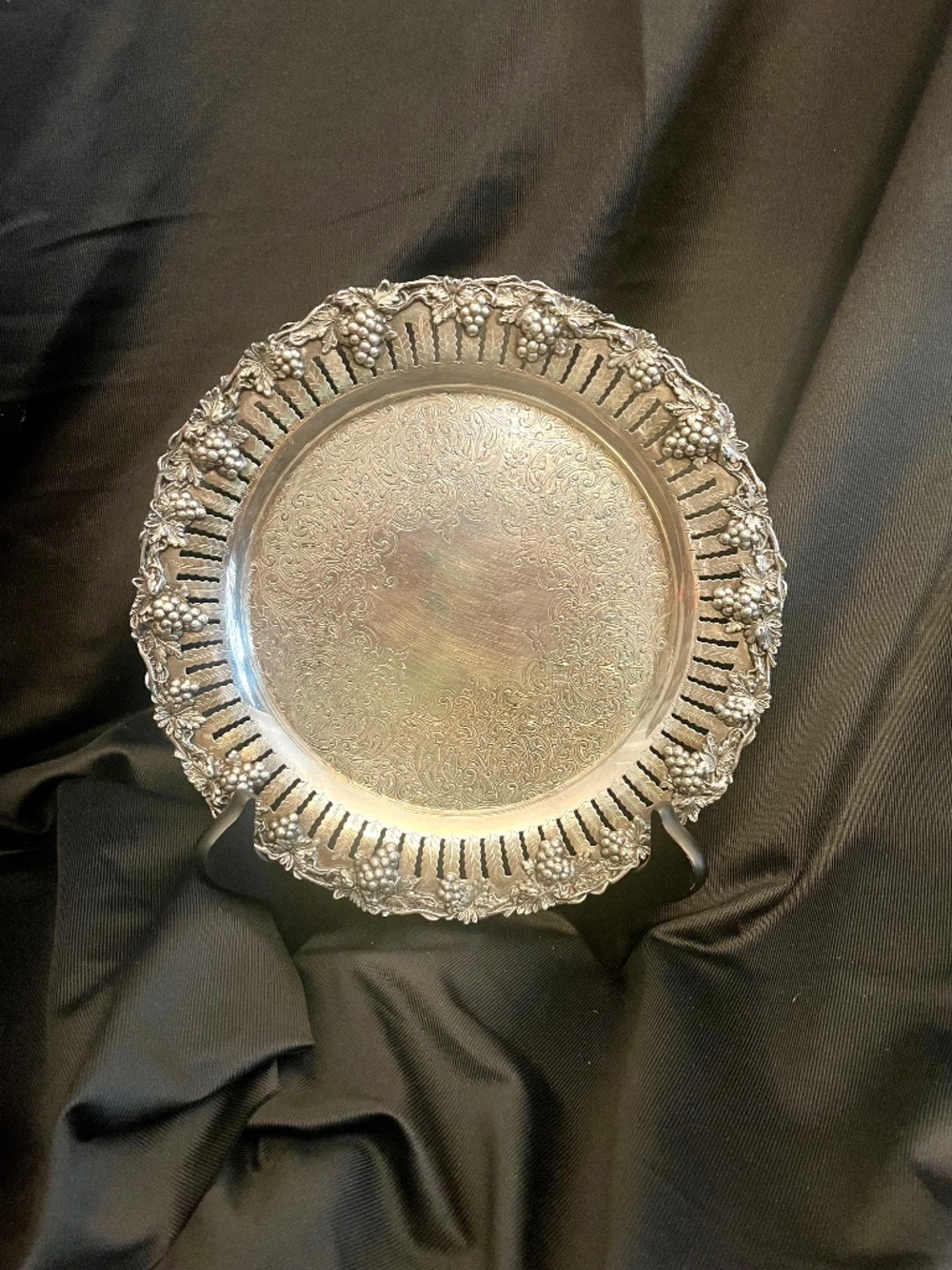 Antique Silverplate Serving Tray 9.25 / Ornate Grape Motif / 1827 Stamp EP Sheff